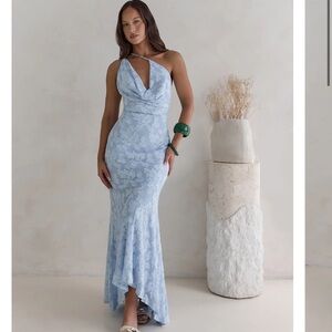 Elegant Sky Blue Floral Maxi Dress
